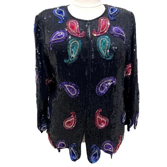 Vintage Scala Sequin Silk Jacket Paisley Beaded Black Purple Pink Blazer Size 2X - Picture 4 of 10